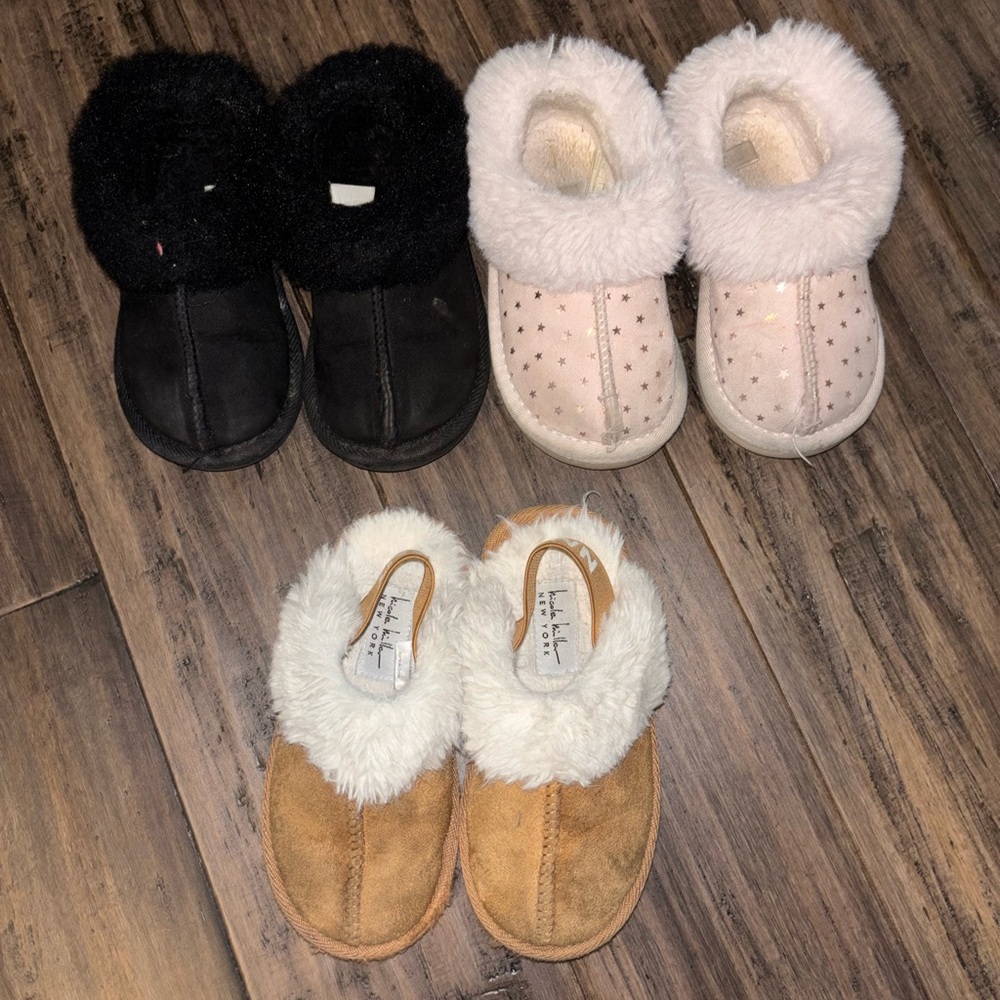 Cat & Jack Fuzzy Kids Slippers - Black, Cream, Tan